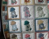 Vintage Quilted Wall Hanging OVERALLS SAM in Applique Brown, Blue, Yellow, Red, Orange and Cream