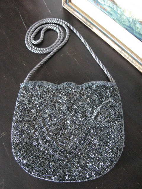 LoVely Gray Beaded Evening Bag Stunning Long Strap