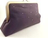 SALE/ Ready to Ship/ Dark Purple Linen Clutch Handbag with Purple Floral lining