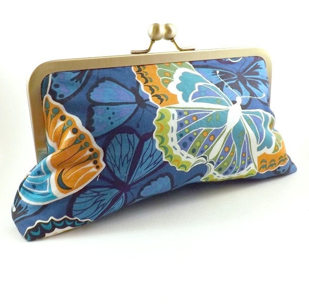 SALE/ Ready to Ship/Blue Butterfly Print Cotton Clutch Handbag with Green lining