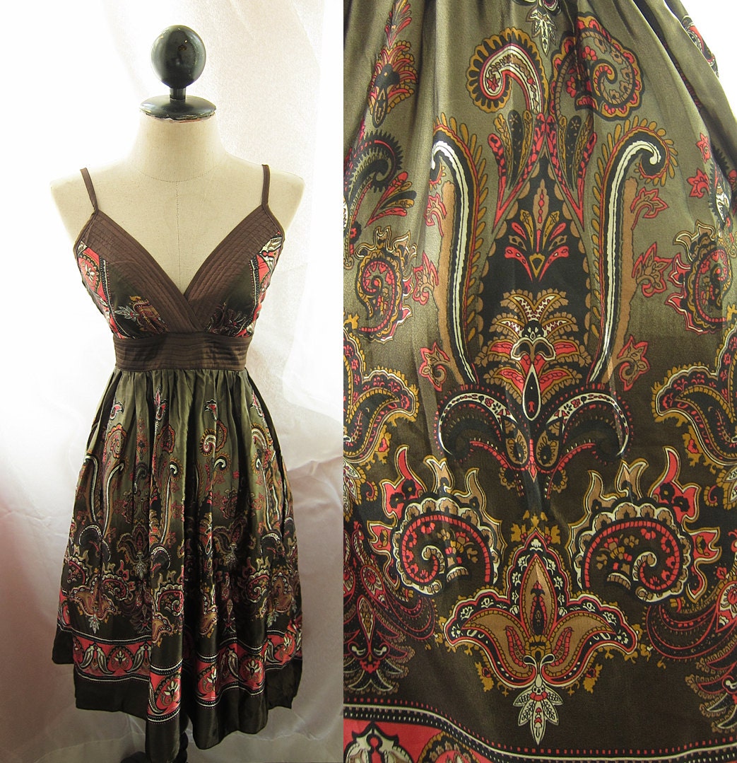 Freedom Indie Bronze Olive Incas Mayan Aztec Gold Persian Paisley Ancient Royal Majestic Baroque Moorish Satin Babydoll Bohemian Dress