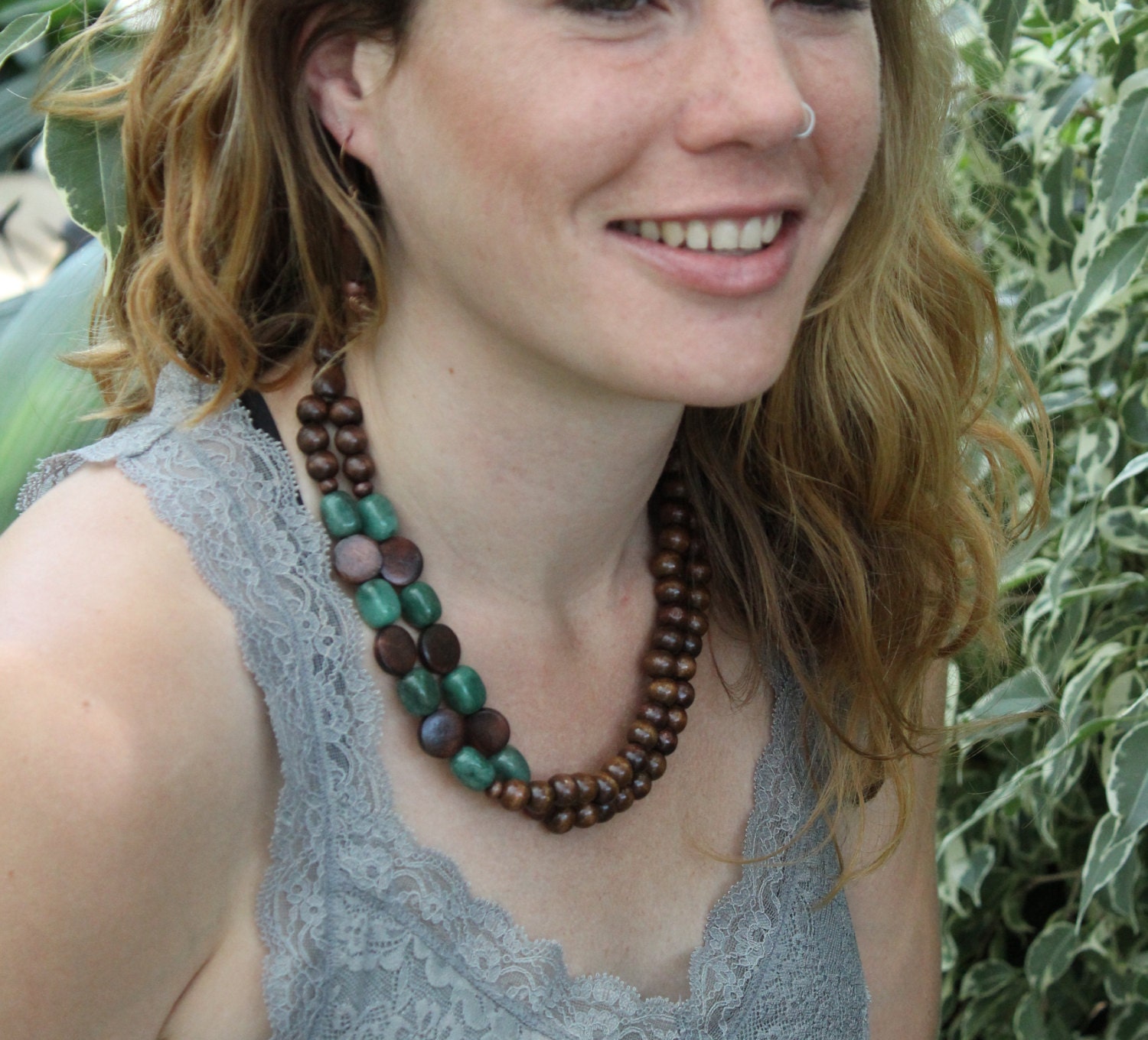 Beaded Necklace and Earring set with Green Aventurine, 2 strands, earth tone, semi-precious stones, 17 inches, neutrals