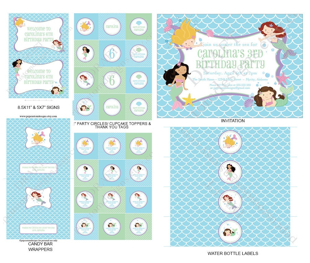 DIY -  Printable: Little Mermaid Birthday Party Set -  14 items (invitation, party circles, water bottle labels, banner and more)