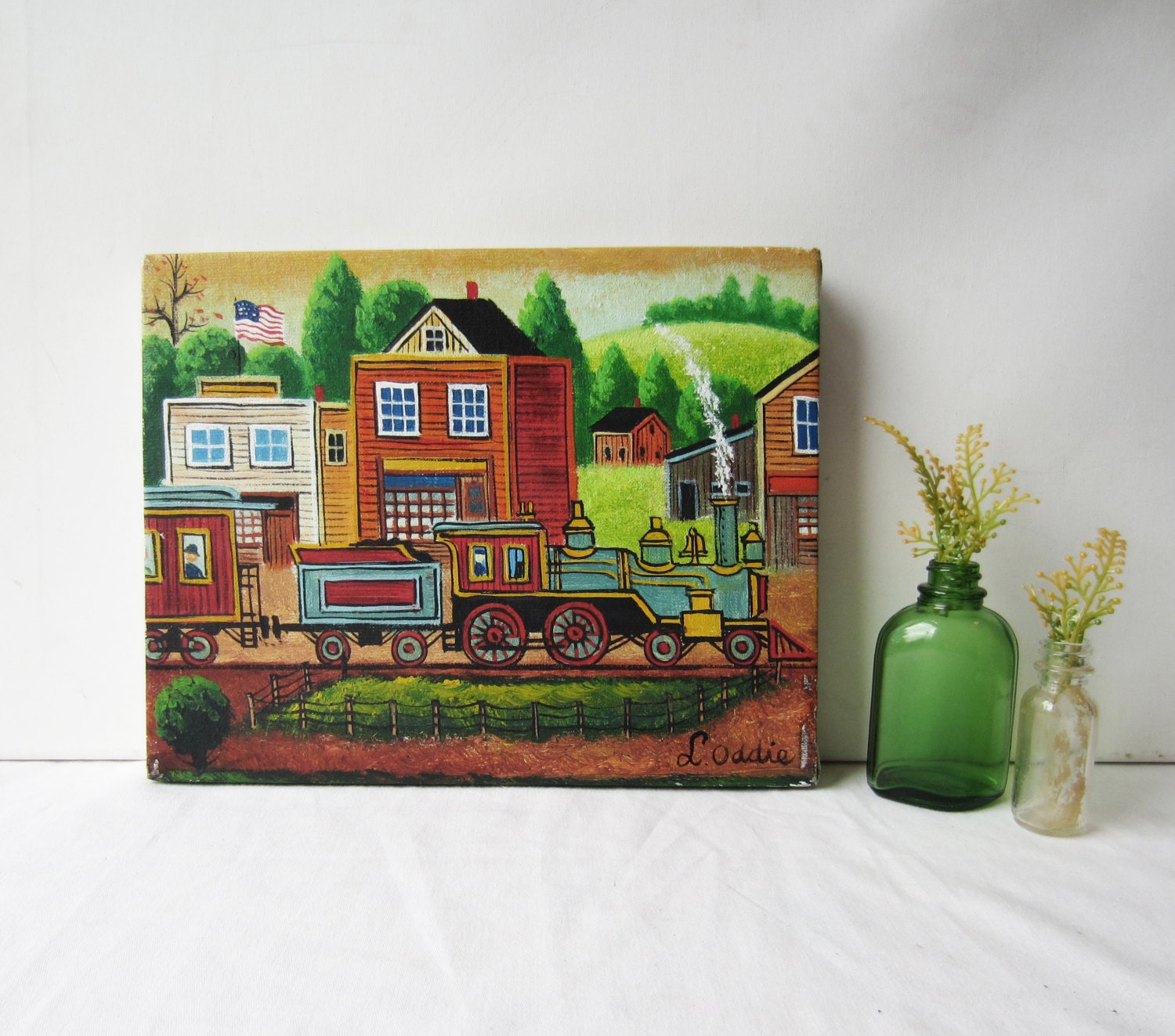 Vintage Folk Style Train Painting - An Original Painting  - 10" x 8" Colorful Wall Art