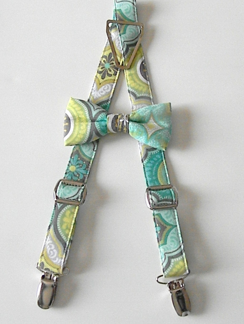 Turquoise, Green, Grey, and Yellow Suspender and Bow Tie Set
