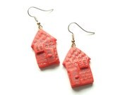 Polymer clay earrings little houses red darnk orange distressed house shaped dangle earrings