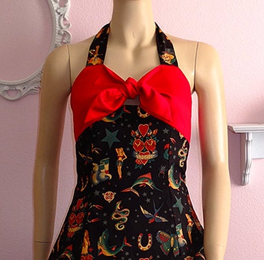 Tattoo Flash Black & Red Rockabilly Punk Halter Dress