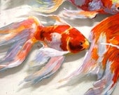 Goldfish Bliss . Large Original Painting of  Vibrant Red, Orange, and Yellow Butterfly Goldfish on Glass