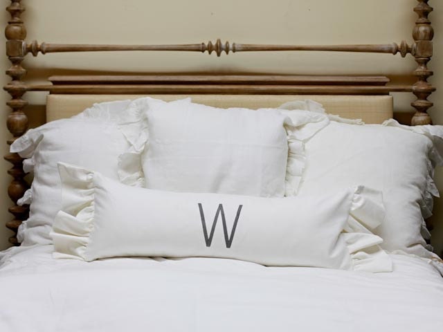 Monogrammed White Large Lumbar with Side Ruffles