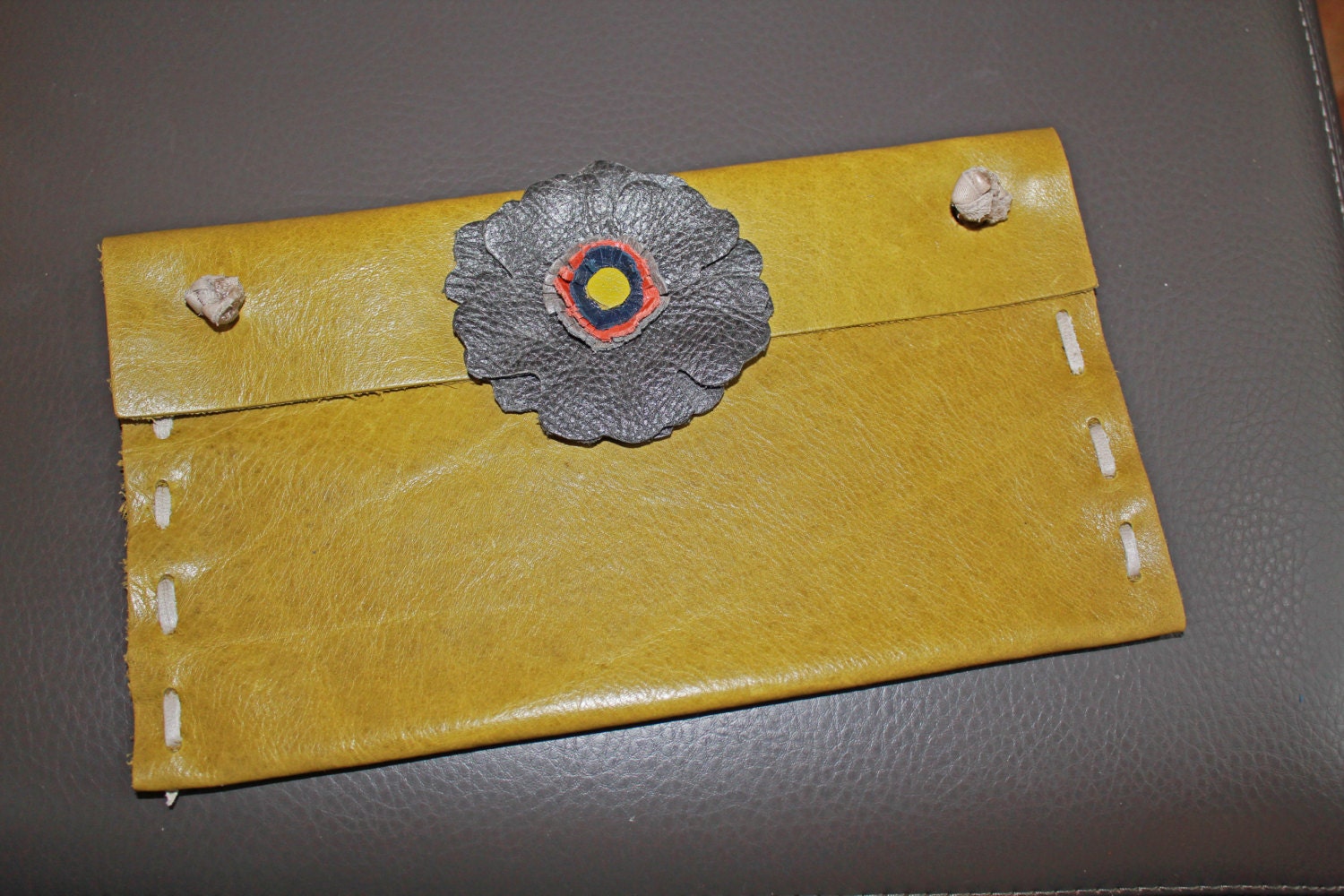 Chartreuse, Gray, Orange and Navy Leather Flower Clutch Handbag