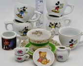 Miniature china dishes small cups plates mug jugs Disney Japan china lot 11 Mickey Mouse owl goose cat rooster barn yard