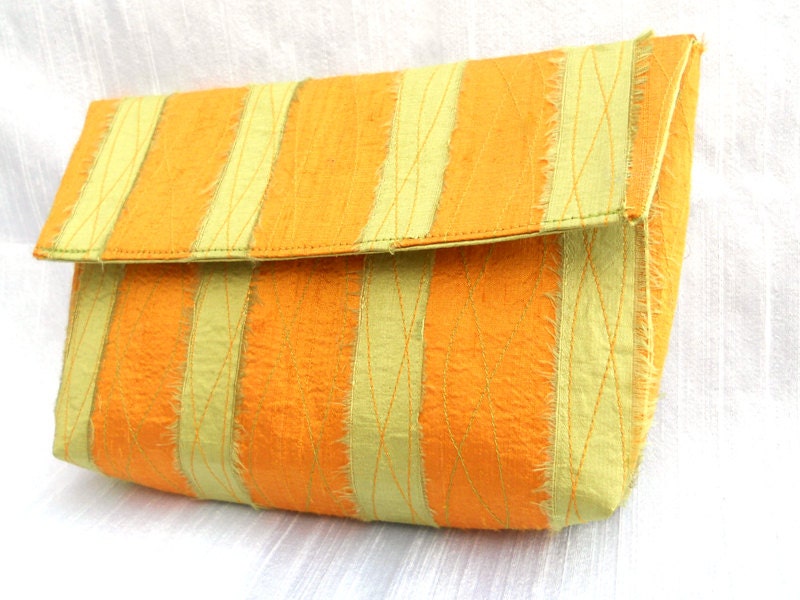 Petite Clutch - Lime, Chartreuse, Apple Green, Tangerine Orange, Silk Dupioni, Striped, Purse, Bag