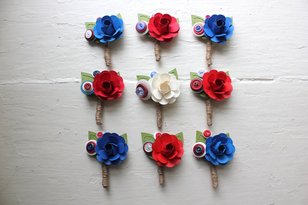 Paper Flower Boutonniere, Wedding, Red, White and Blue, Rose