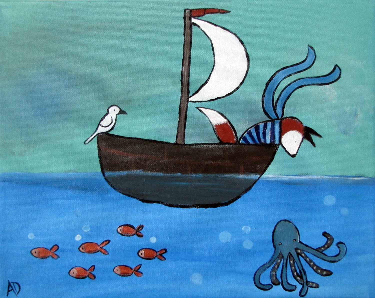 Kids Wall Art, Fox in Boat Whimsical Original Illustration, Woodland Nursery