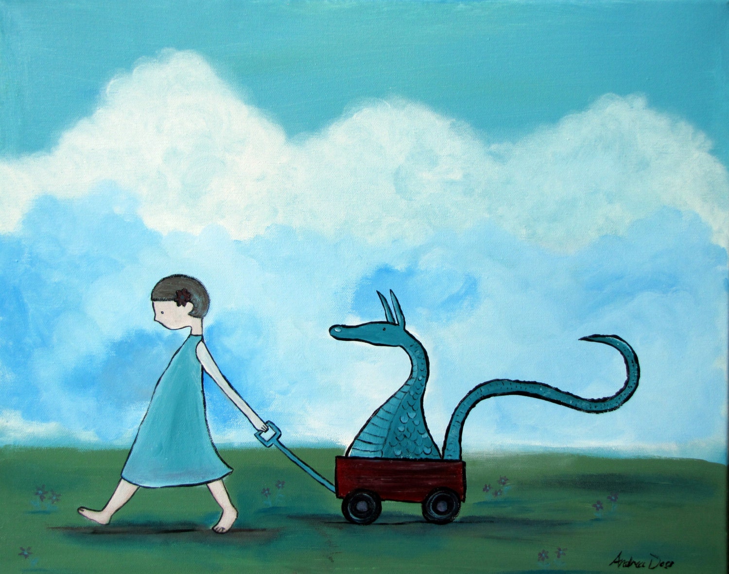 Original Wall Art, Children Decor, Whimscial Dragon and Girl