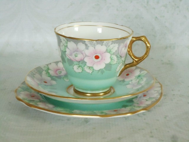 English Bone China Teacup and Saucer Set - Vintage Mint Green Floral Tea Cup and Saucer