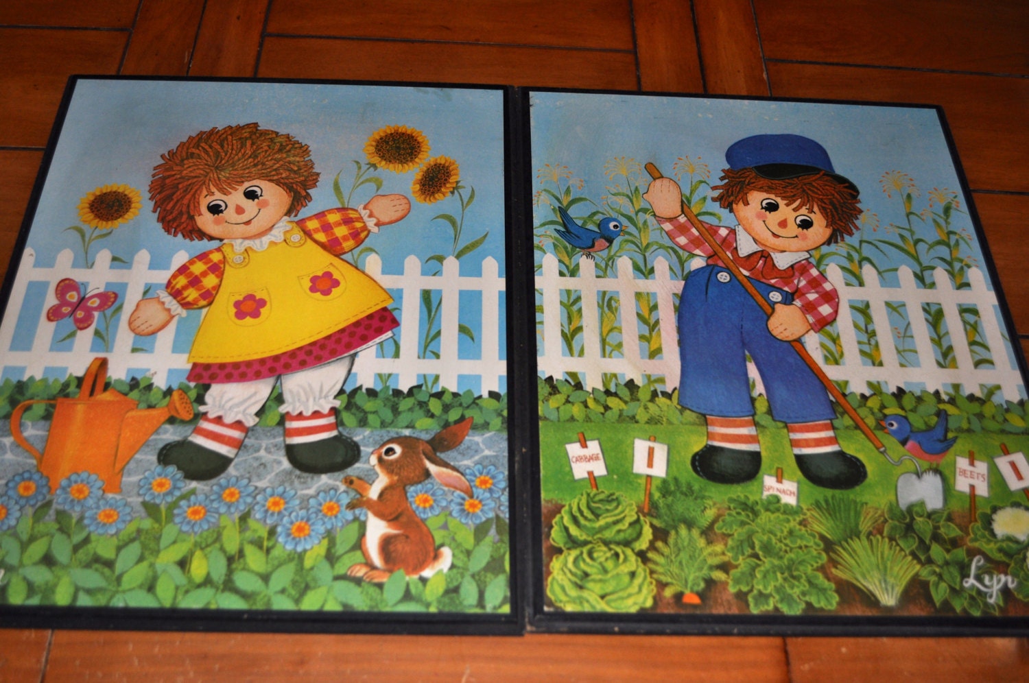 Vintage Raggedy Ann & Andy Set Pictures Plaques Art Nursery Decorations Spring
