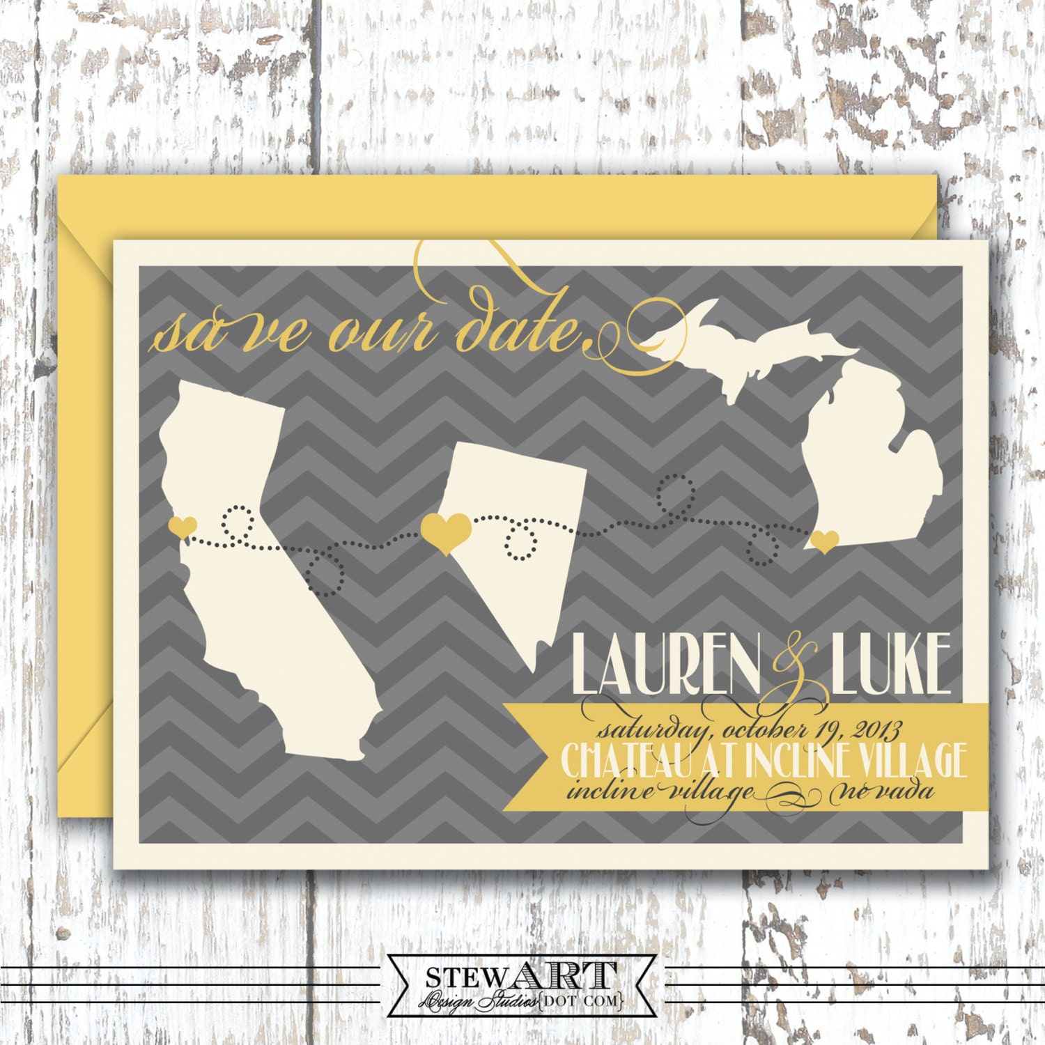 Map Save the Date - Personalized Flat Card Size A6 with Envelope (2 Pieces) - CUSTOMIZE Color & Content - Set of 75