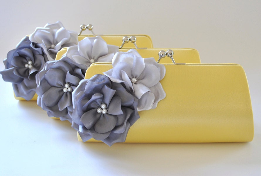 Set of 3  Bridesmaid clutches / Wedding clutches - Medium sized clutch - Pale Yellow, Gray, Silver  - CUSTOM COLOR