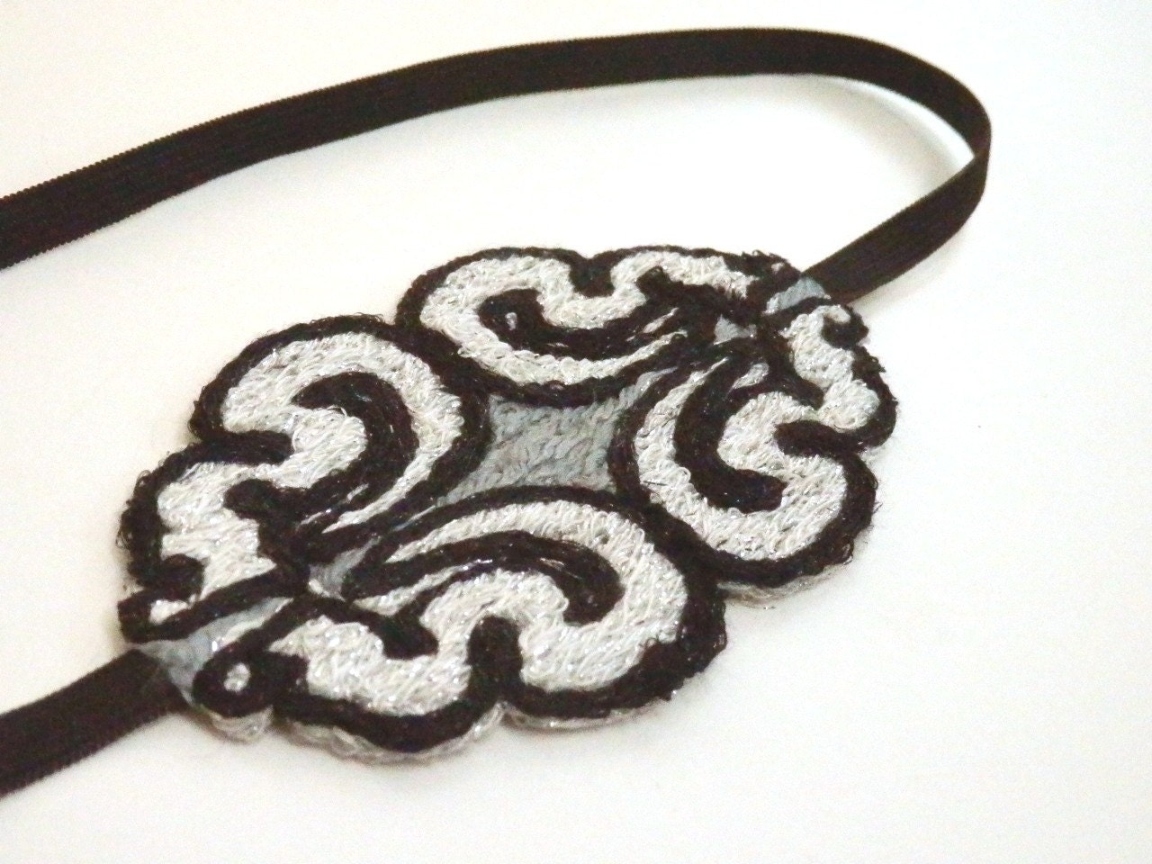 Fascinator Headband Embroidered Black White Silver Handmade Tagt 123 cc loh ostat socal etsy guild tenx tt cccoe sos steam team madcap lb