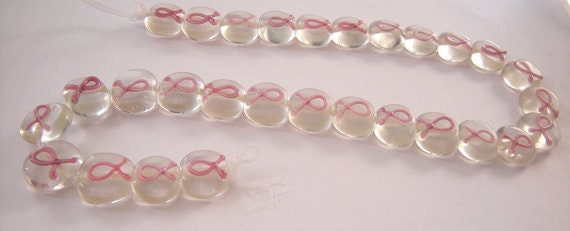 Pink Awareness Ribbon, One-sided, 14mm Lamp-work Glass Coin Beads, Lot of 10