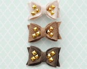 Gold Studded Dainty Felt Bow, Hair Clip -- Set of 3