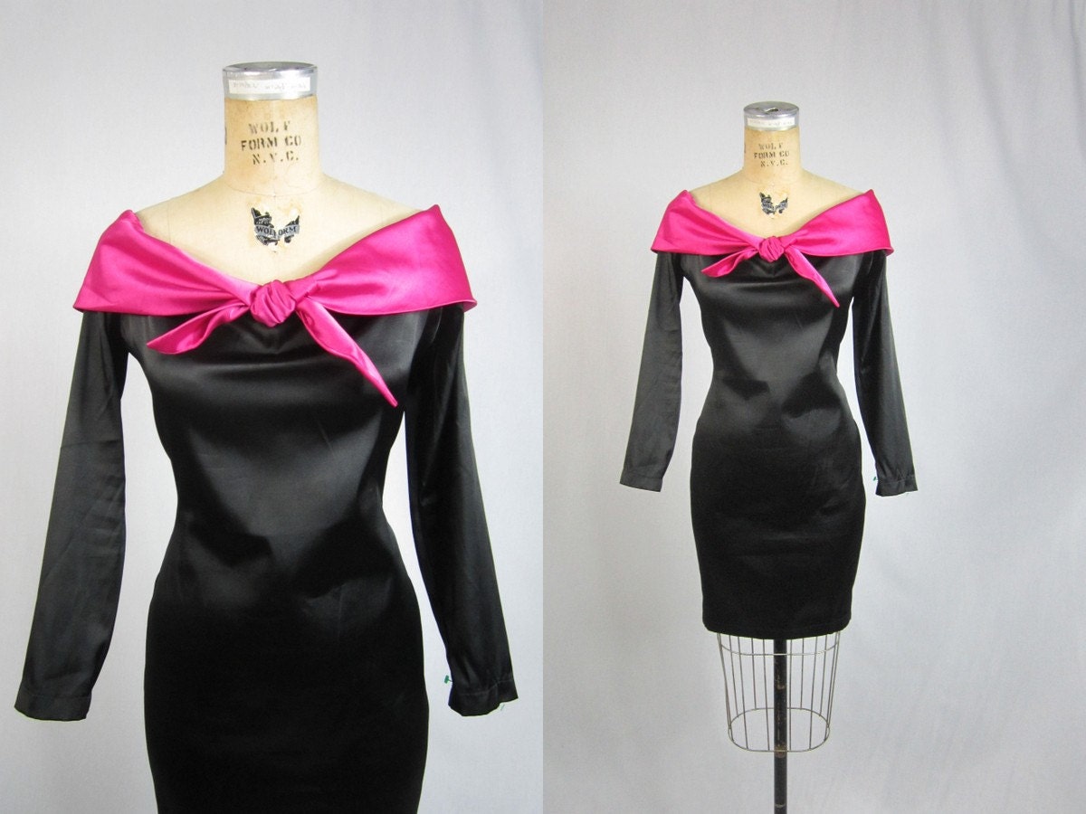 80s Contempo Dress. Black Tight BodyCon Mini Pink Off the Shoulder Tie . XS Small