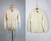 80s Cream Sweater . Ishka Ivory Wool Knit Cable Zip Up Hoodie . Large XL