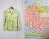 70s Novelty Shirt . Dreamy Pink Castle Fairy Tale Longsleeve Blouse. Large