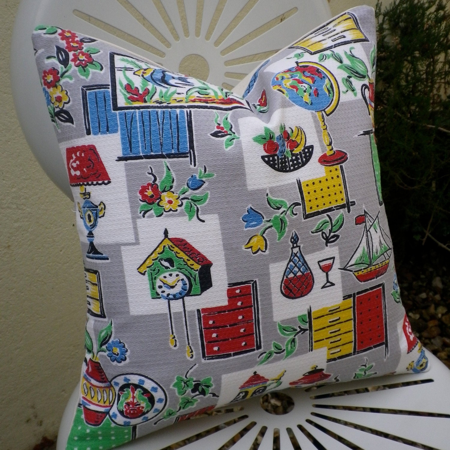 Vintage 1950s Kitsch Kitchen Interior Home Fabric Cushion Pillow