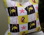 Vintage 1950s Nautical Cotton Fabric Cushion Pillow Fish Seahorse Starfish