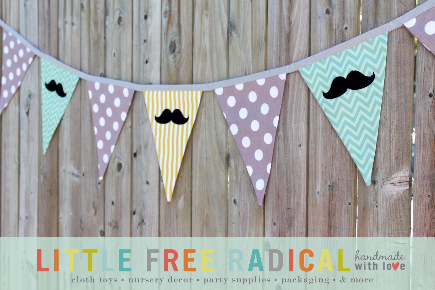 Little Man - Grey Dot,  Stripe & Aqua Chevron Mustache Fabric Pennant Bunting Banner - great for birthday party decor, nursery,   photo prop