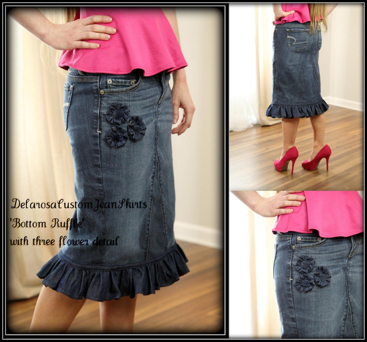 Custom Order to Your size 'Ruffle Jean Skirt  w/three flower detail' size 0 2 4 6 8 10 12 14