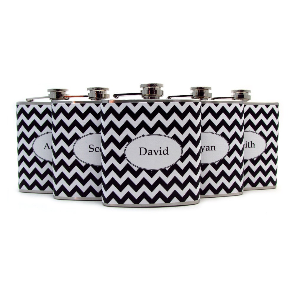 Black Chevron Flasks for Groomsmen Wedding Favors 6oz and 8oz Sizes