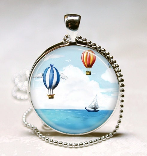 Nautical Jewelry Sail Boat and Hot Air Balloons Ship, Sailing, Boating, Ocean Art Pendant With Ball Chain Necklace Included