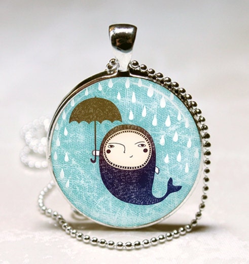 Rainy Day Spring Showers Umbrella Funky Fish Art Pendant With Ball Chain Necklace Included