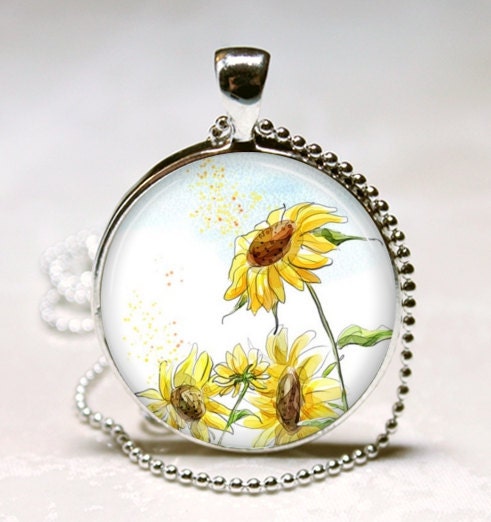 Sunflower Necklace Yellow Flowers, Spring, Gardening, Floral Art Pendant with Ball Chain Included
