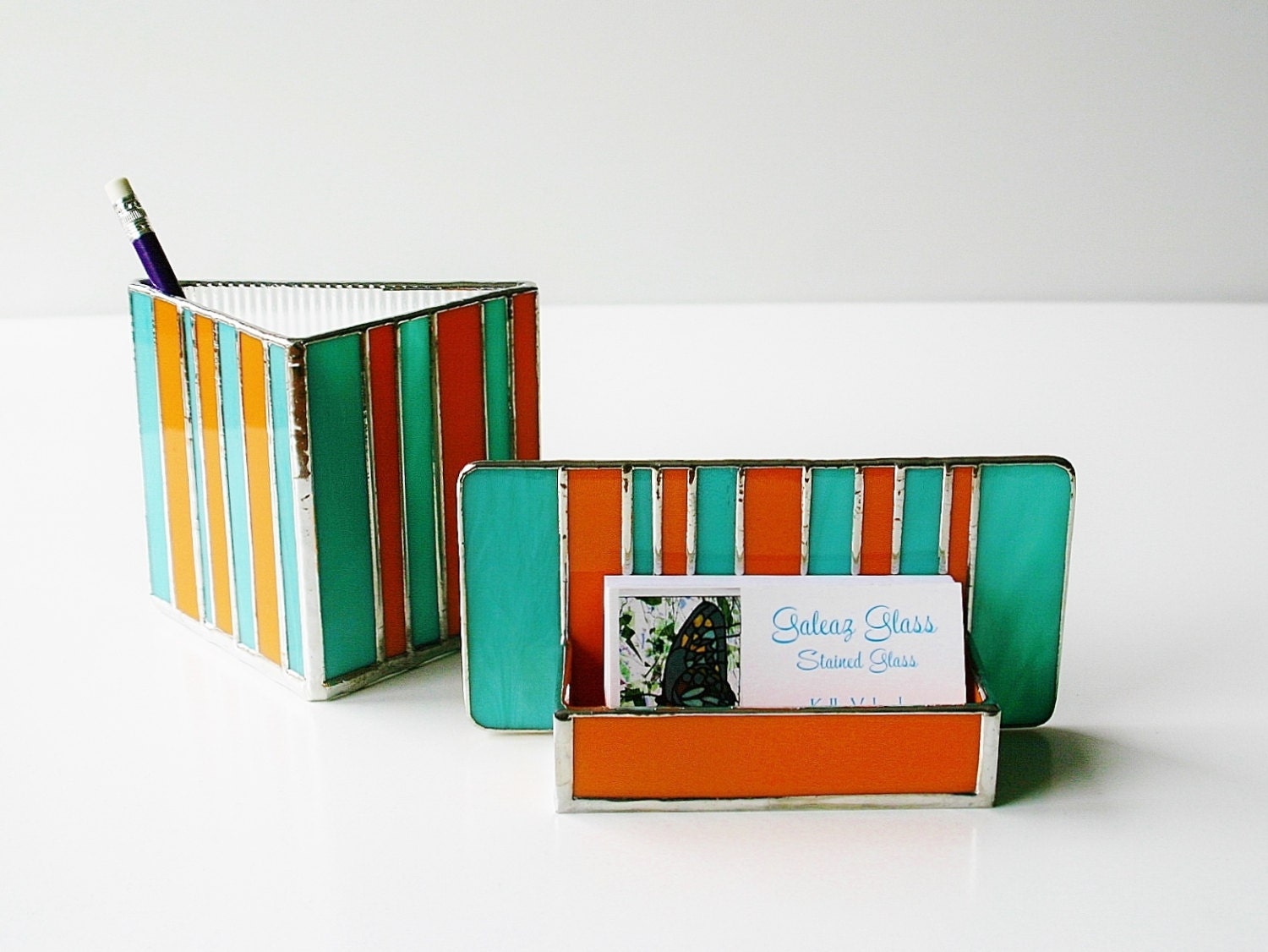 Stained Glass Modern Business Card Holder Retro Colors Turquoise Blue Peach Orange Office Decor Contemporary Desk Accessory Unisex Handmade