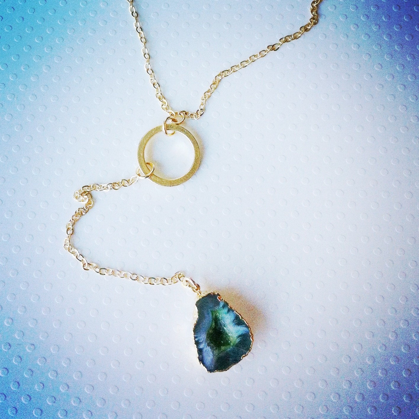 Gold Plated Green Druzy Agate Lariat Necklace