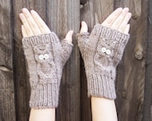 Beige Light Brown Owl Fingerless Mittens in all natural Wool Alpaca