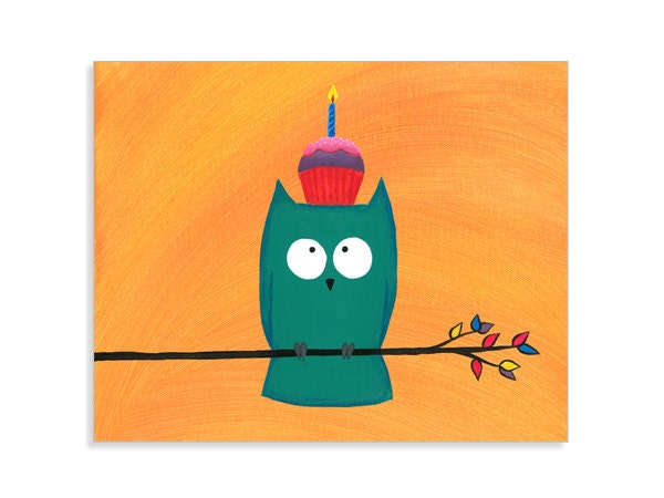 Owl Birthday Print - Cupcake Owl - Colorful Owl Wall Art