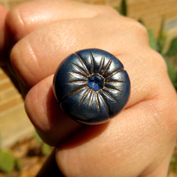 Blue Topaz Cushion Ring Adjustable Handmade Polymer Clay Jewelry