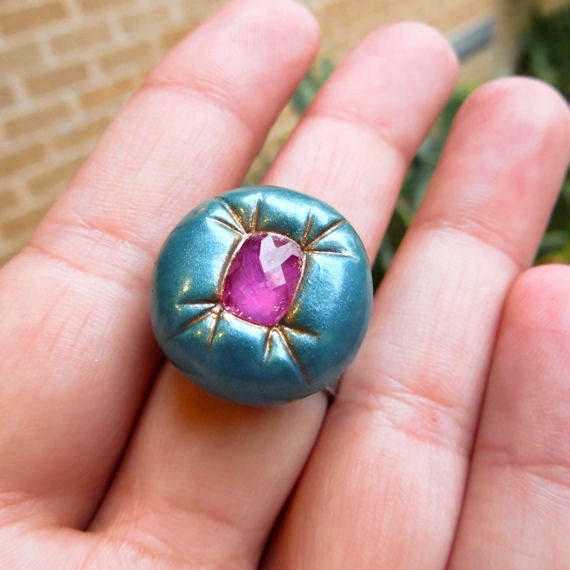 Pink Topaz Cushion Ring Adjustable Handmade Polymer Clay Jewelry