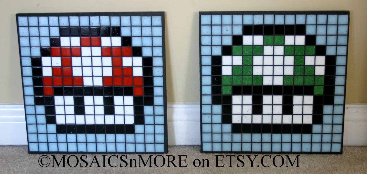 Group of 2 Mosaic Pixel Nintendo Super / 1-Up Mushroom Wall Hangings - Vintage Gaming Handmade