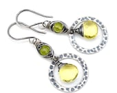 Lemon Lime Dangling Hoop Earrings in Gunmetal - Sterling Silver Wire Wrapped Gemstones, AAA Lemon Quartz, Peridot, Summer Whimsy For Her
