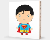 S for Superman : ABC Block Bamboo Wall Art Series // Alphabet Kids Wall Art Nursery Room Decor Super Hero Sci-fi 4 x 4