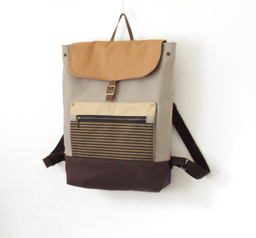 UniSex, Gray Canvas Backpack / Laptop bag / school bag / Leather closure / Front zipper pocket, Design by BagyBags
