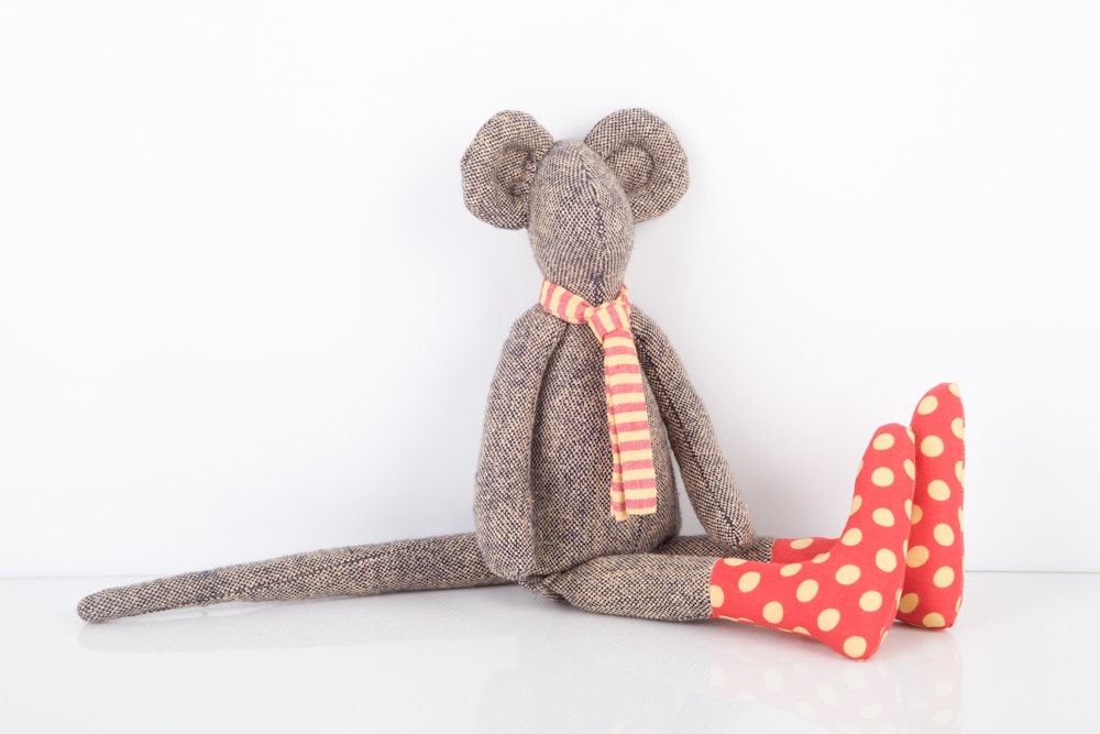 DOLL ooak City mouse in black and white woven pure silk wears red  dotted  yellow socks and striped Scarf  - timohandmade fabric doll