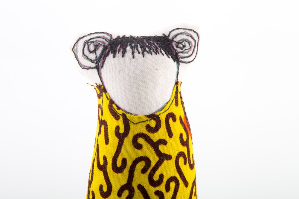 Little girl with pigtails wearing Black and  Yellow  African dress  - handmade eco  fabric doll. Can be part of a family portrait