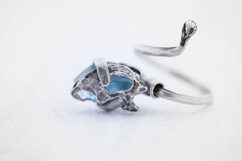 Sea Glass Ring- Beach Jewelry- Silver Beach Ring- Sterling Silver Ring- Adjustable Blue Stone Ring- Steampunk